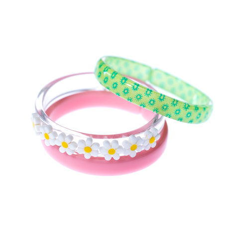 White Flowers & Pink & Green Printed Bangles (set of 3)